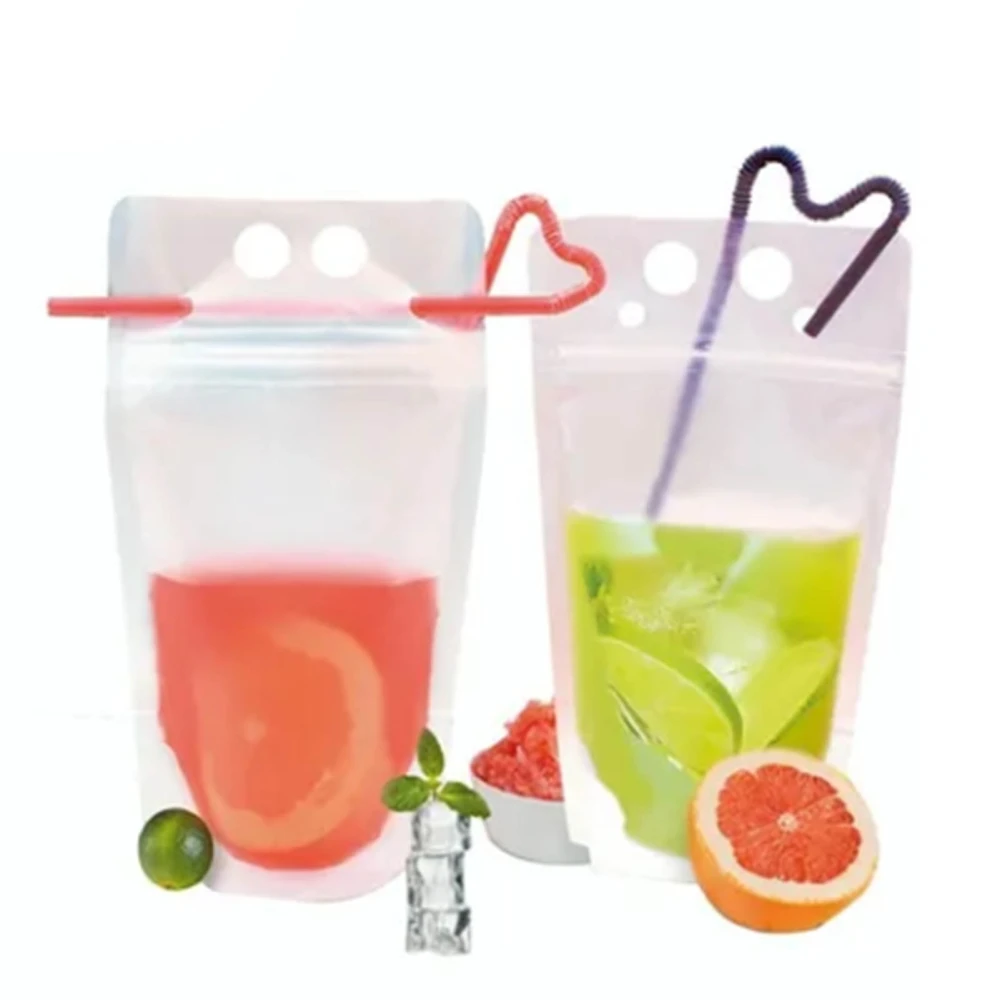 50PCS Beverage Packaging Bags with Straws Frosted Transparent Stand Up Liquid Drinking Pouches 1000ml