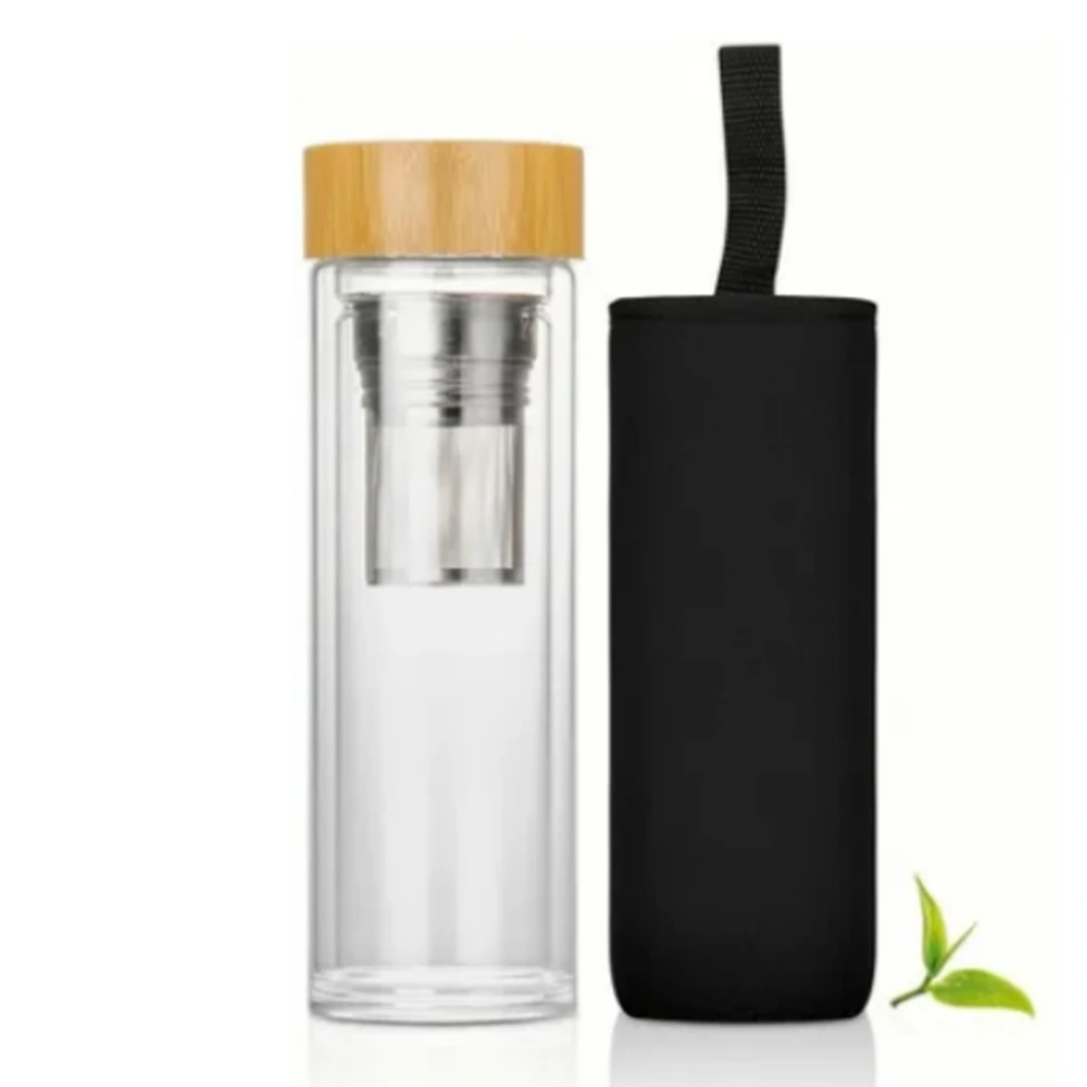 400ml Tea Infuser Bottle Double Wall High Borosilicate Glass Insulated Glass Tea Bottle with Protective Sleeve