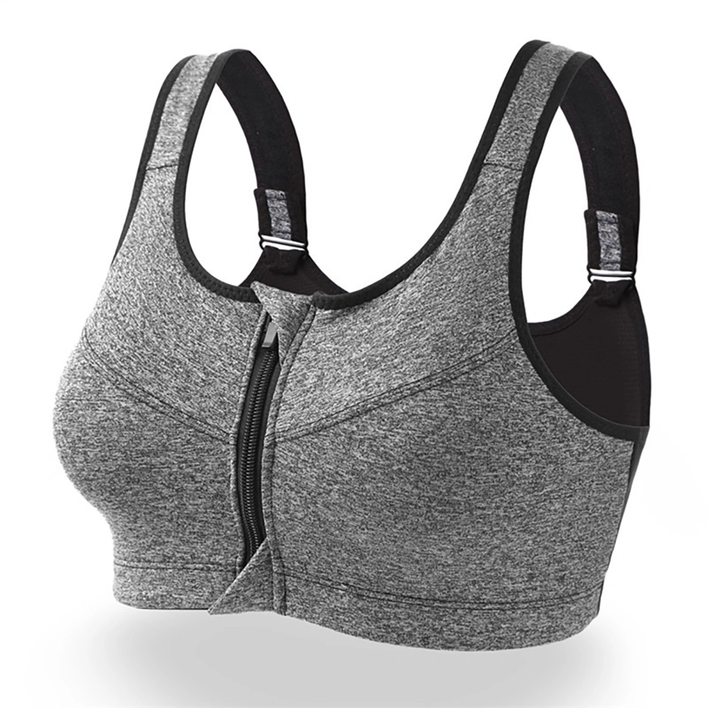 Sports Bra Breathable Widened Shoulder Strap Front Zipper Professional High Strength Sports Bra for Running Yoga L Grey