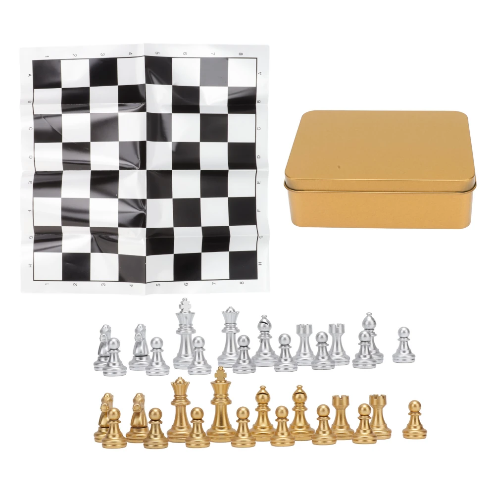 International Chess Set Wearproof International Chess Pieces Board Set with Storage Iron Box for Family Party Travel Gold Box