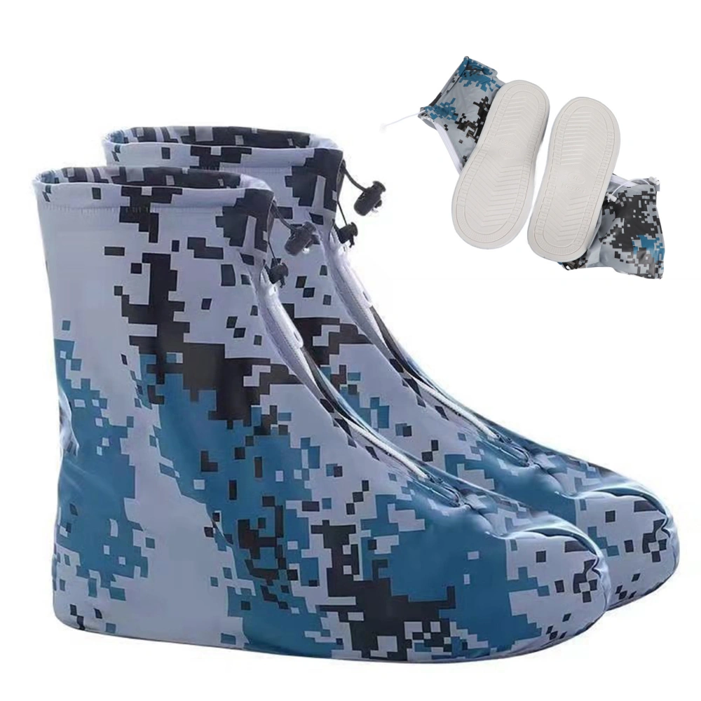 One Pair Shoes Cover Ankle High PVC Antiskid Waterproof Foldable Overshoes for Outdoor Bad Weather Camouflage Blue XL