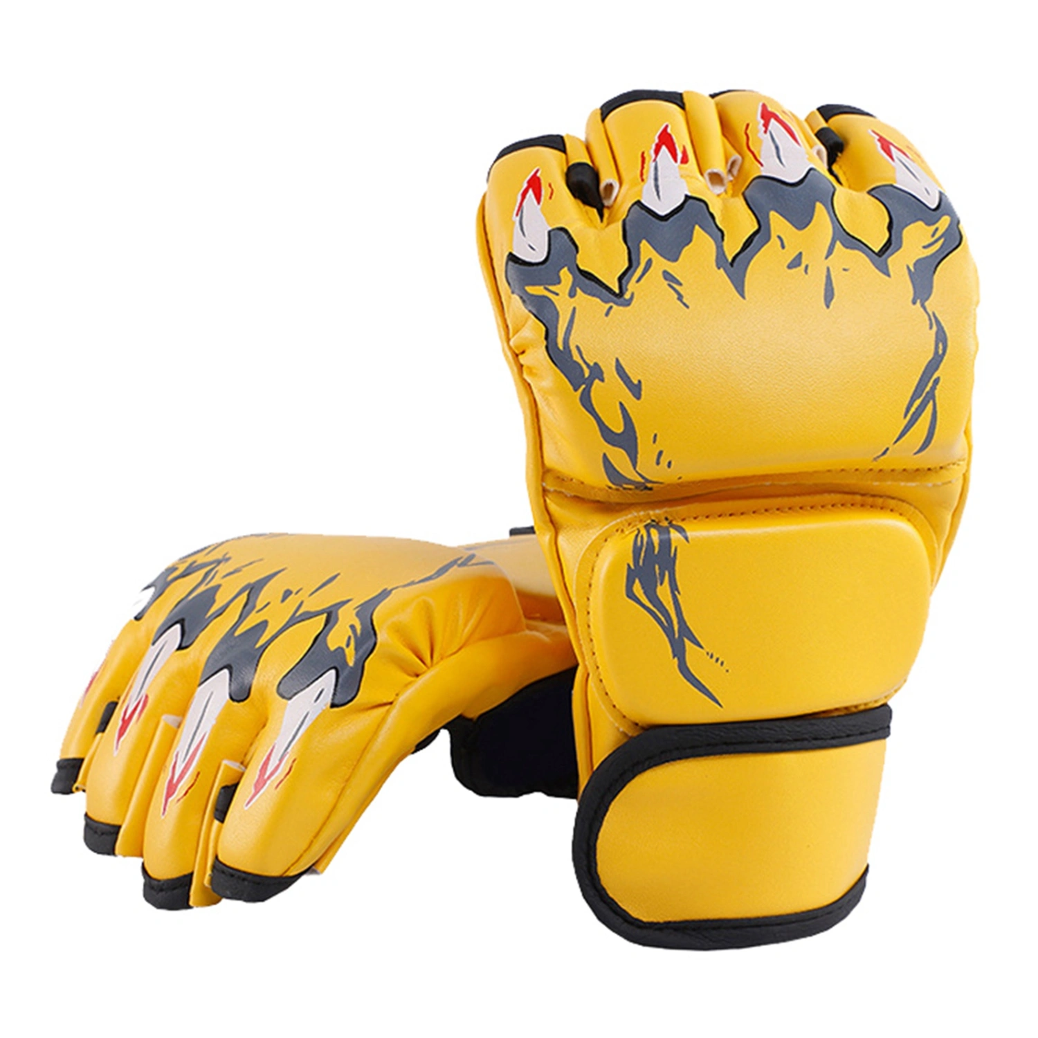 Half Finger Boxing Fight Gloves Half Finger Kickboxing Gloves with Adjustable Wrist Band for Men Women Tiger Claw Style Yellow