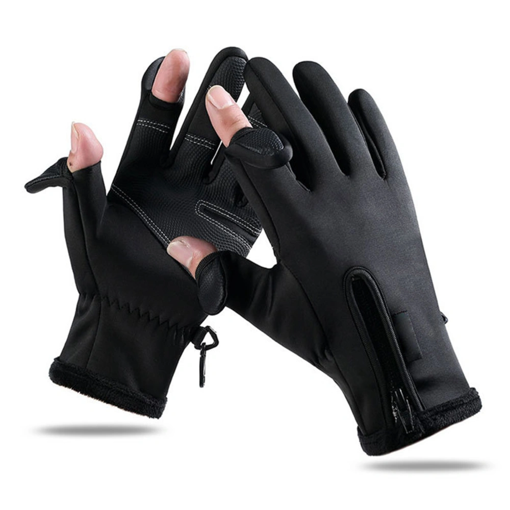 Fishing Gloves Warm Padded Thickening Touchscreen 2 Cut Fingers Waterproof Cycling Gloves Black XL