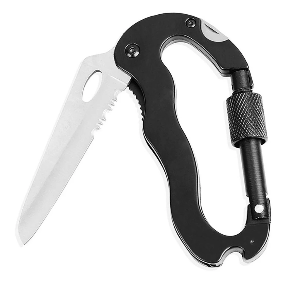 Carabiner Knife Black 5 in 1 Stainless Steel Ergonomic Multifunction Carabiner Keychain for Mountaineering Camping