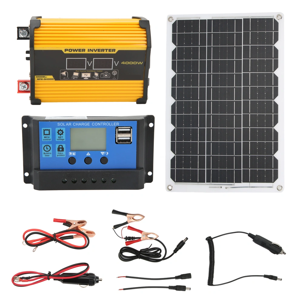 Solar Panel System Monocrystal 18W 18V Solar Panel 30A 12V 24V Controller 300W Inverter Kit for Outdoor Camping Yellow 12V to 220V