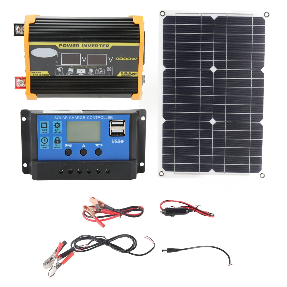 Solar Panel System Monocrystal 18W 18V Solar Panel 30A 12V 24V Controller 300W Inverter Kit for Outdoor Camping Black 12V to 220V