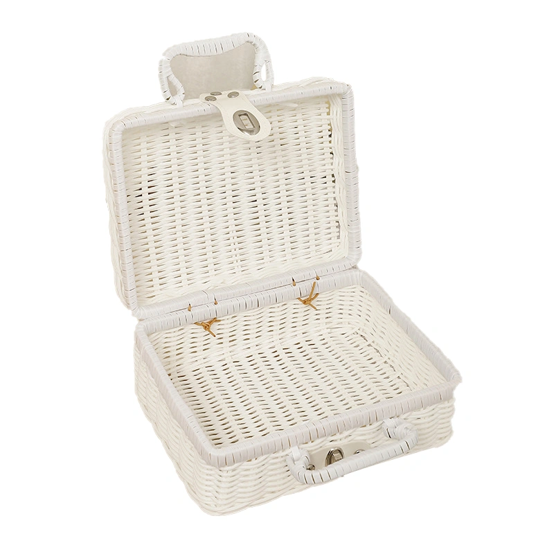 Woven Picnic Box Plastic Rattan Odorless Retro Woven Storage Box with Ring Shaped Handle for Outdoor White S