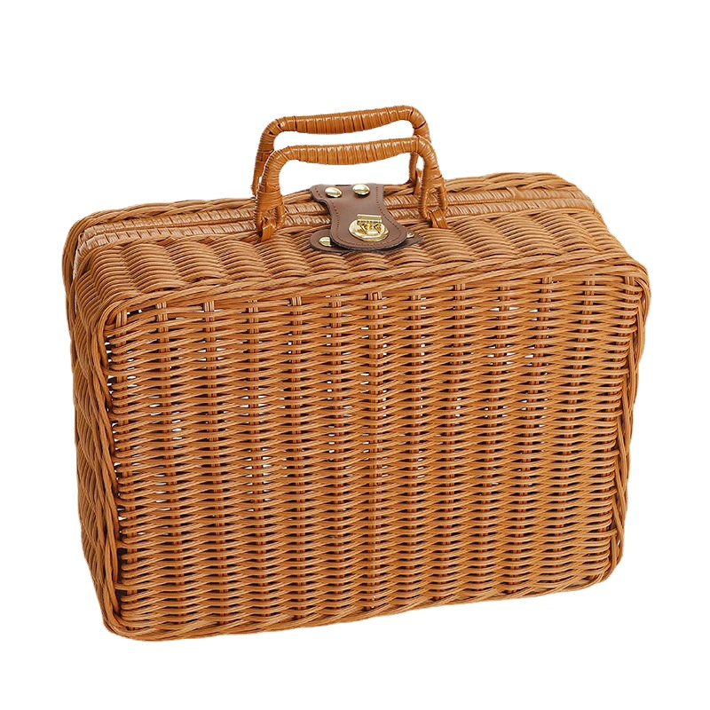 Woven Picnic Box Plastic Rattan Odorless Retro Woven Storage Box with Ring Shaped Handle for Outdoor Wood Color L