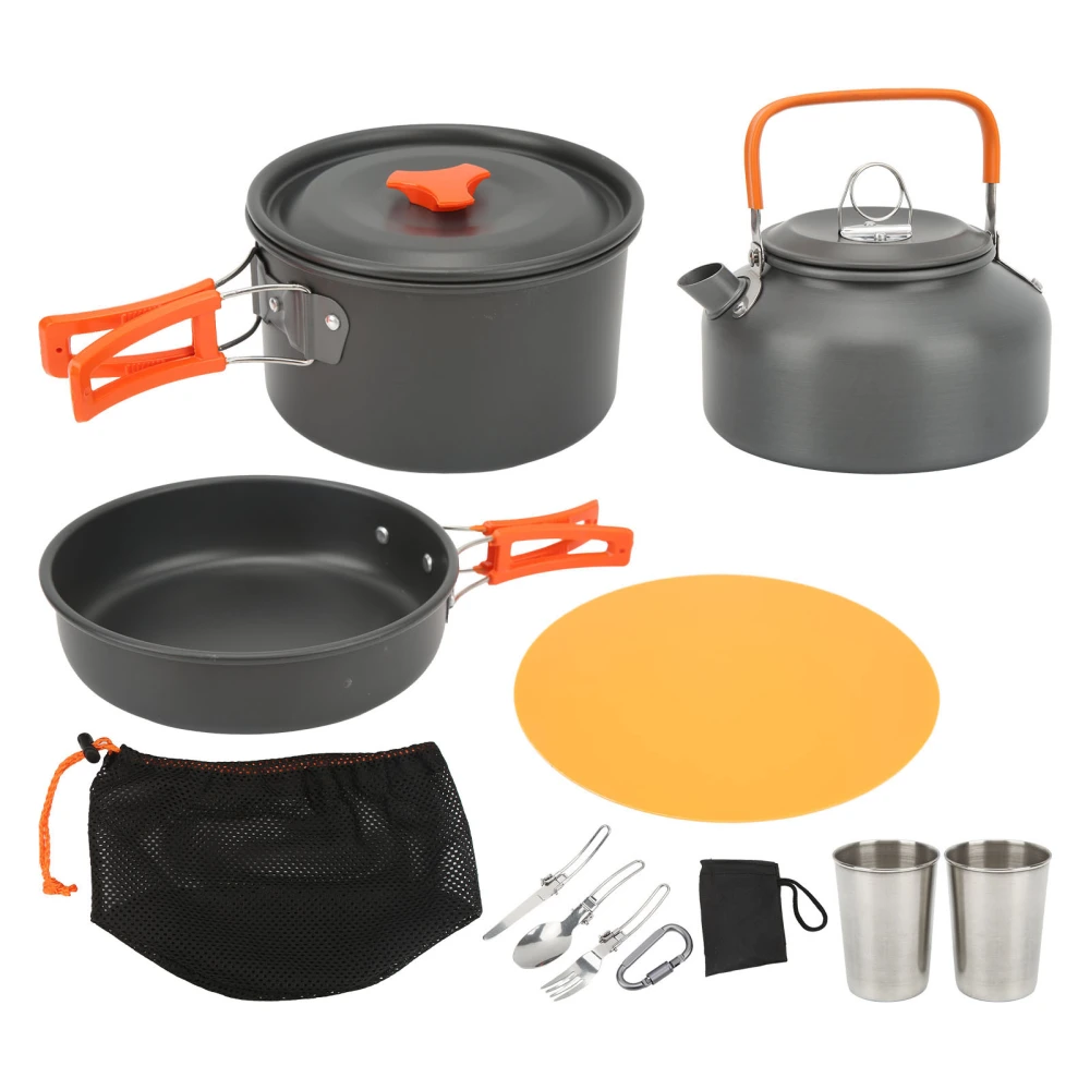 Camping Cookware Mess Kit Portable Camping Cooking Set for Backpacking Pot Pan Teapot Folding Fork Knife Spoon Kit Orange