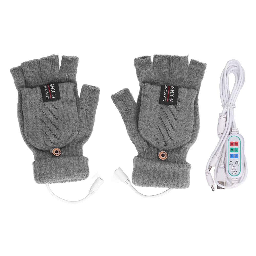 1 Pair USB Heated Gloves Electric Heating Thermal Knitting Gloves Half Finger Winter Hand Warmer for Working Grey