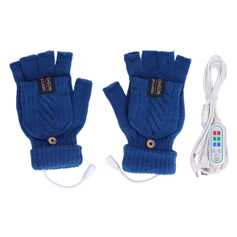 1 Pair USB Heated Gloves Electric Heating Thermal Knitting Gloves Half Finger Winter Hand Warmer for Working Blue