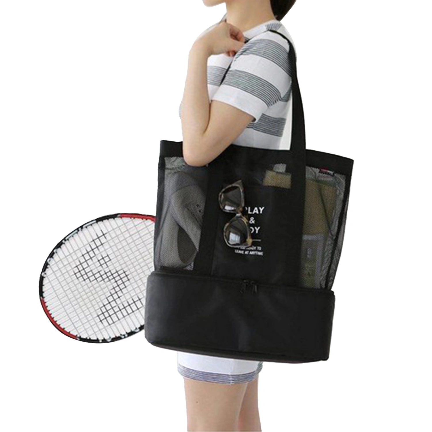 Mesh Shoulder Bag Double Layer Nylon Insulated High Capacity Beach Tote with Cooler Layer for Outdoor Black