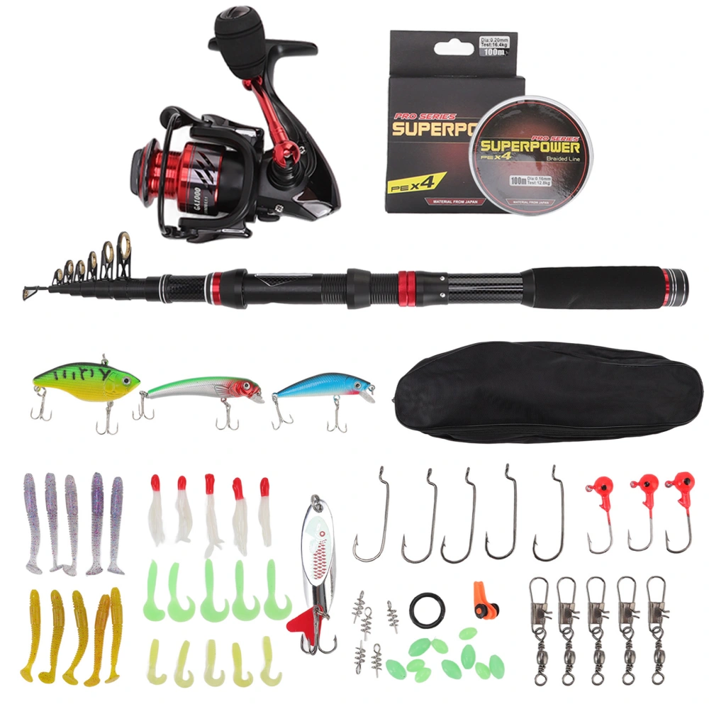 Fishing Rod and Reel Combos Carbon Fiber Telescopic Fishing Rod Red Black with Fishing Reel Line Fishing Lures Kit