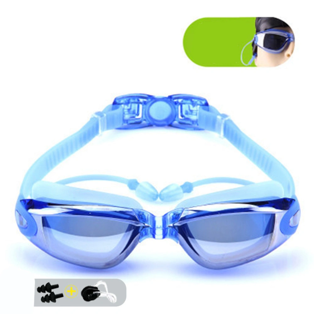 Swimming Goggles HD Waterproof Fog Proof Large Frame Electroplate Goggles Formen Women Blue