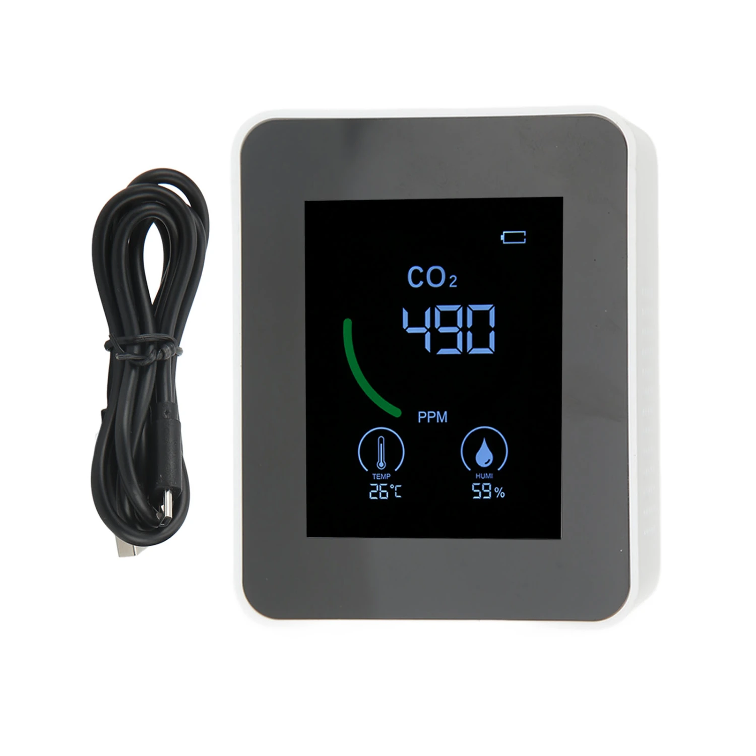 Carbon Dioxide Detector USB Charging TVOC Sensor Semiconductor Air Quality Monitor with Temperature Humidity Testing White