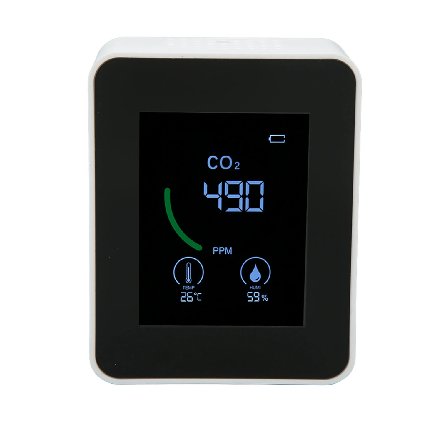 Carbon Dioxide Detector USB Charging TVOC Sensor Semiconductor Air Quality Monitor with Temperature Humidity Testing White