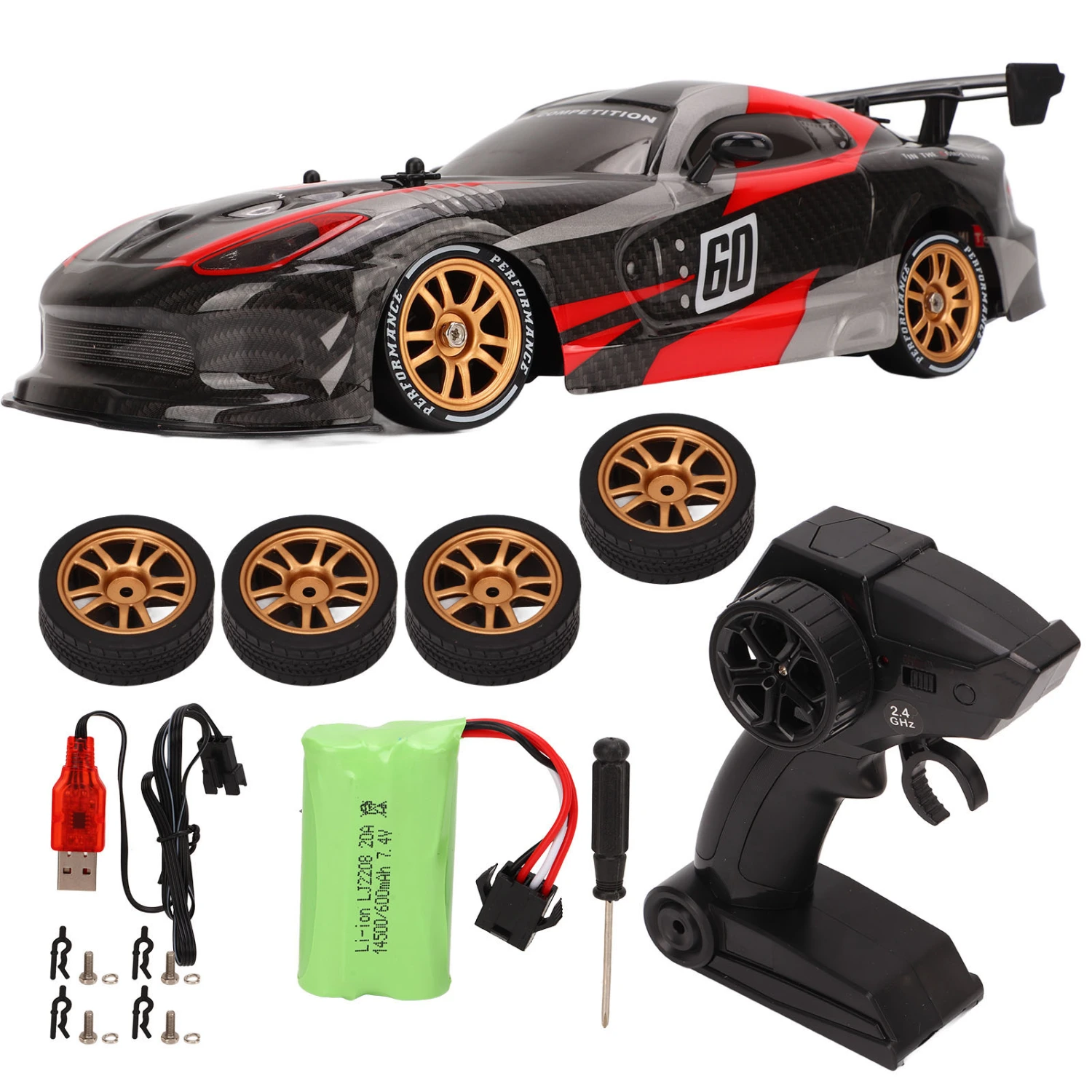1/16 High Speed RC Car Four Wheel Drive 2.4GHz Drifting RC Car for Over 8 Outdoor Black and Red