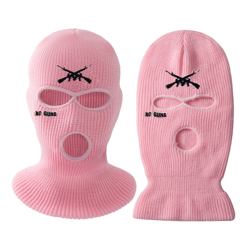 3 Holes Knitted Hat Letter Embroidered Face Cover Warm Ski Face Cover for Outdoor Cycling Skiing Running Pink