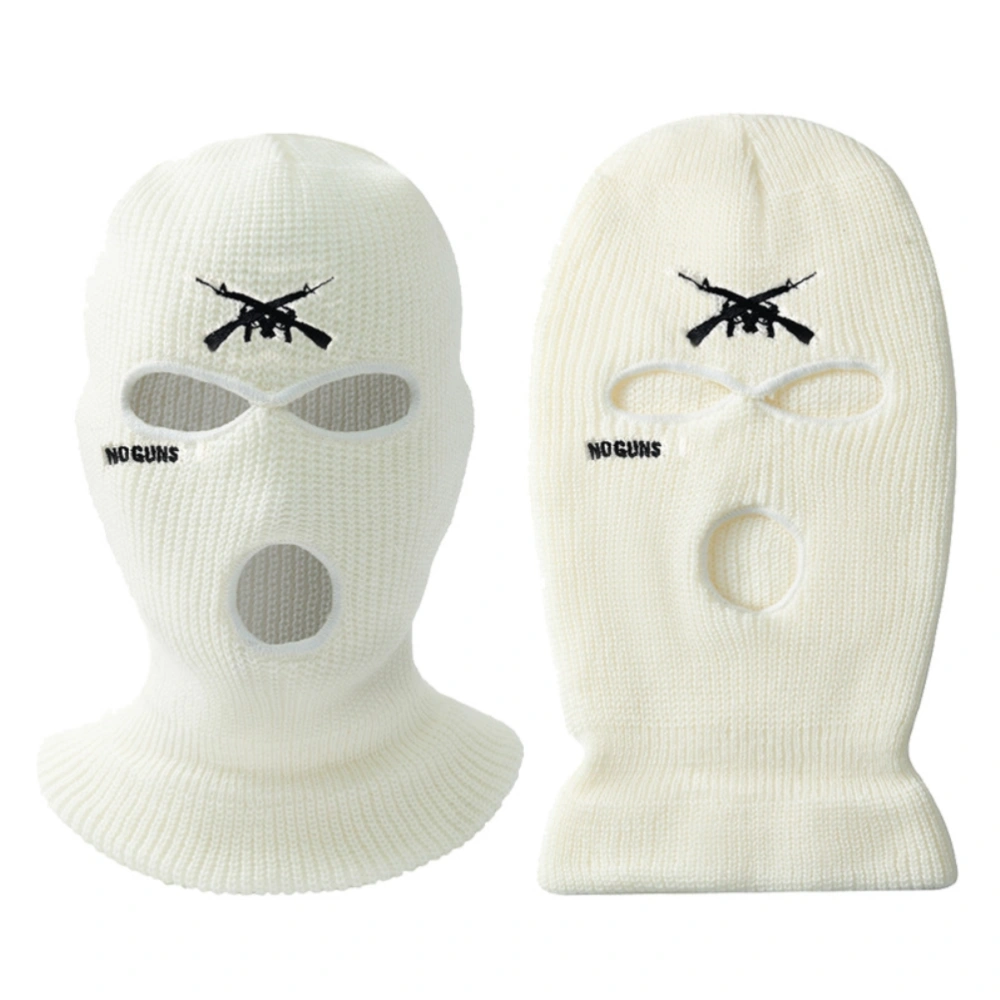 3 Holes Knitted Hat Letter Embroidered Face Cover Warm Ski Face Cover for Outdoor Cycling Skiing Running White