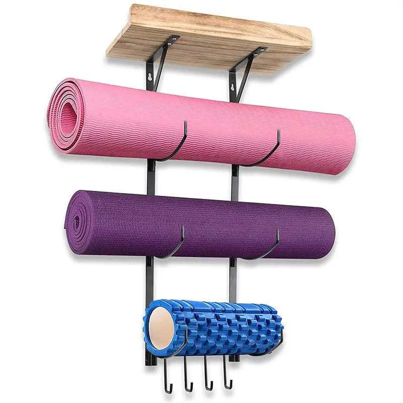 Wall Mount Yoga Mat Foam Roller and Towel Rack Yoga Mat Holder for Hanging Yoga Strap Resistance Bands