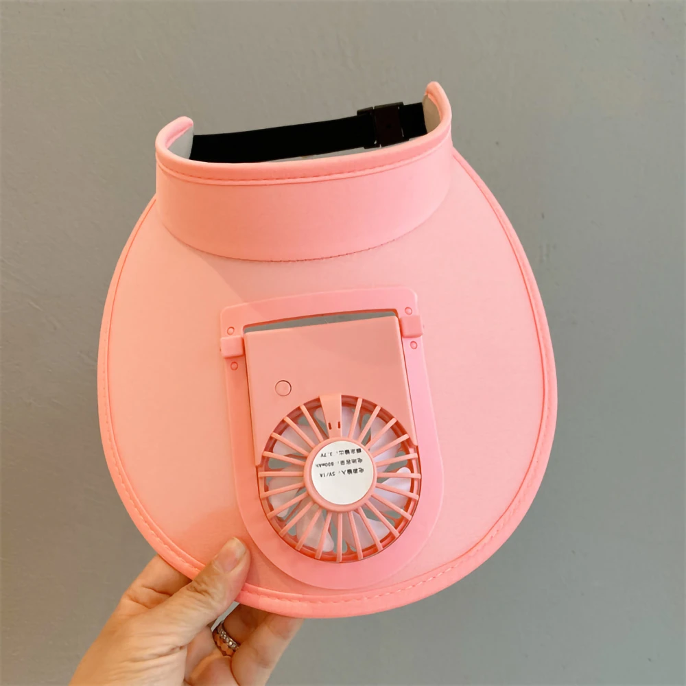 Children Summer Hat with Fan USB Rechargeable Wide Brim Sun Visor Cap for Travel Beach Pink