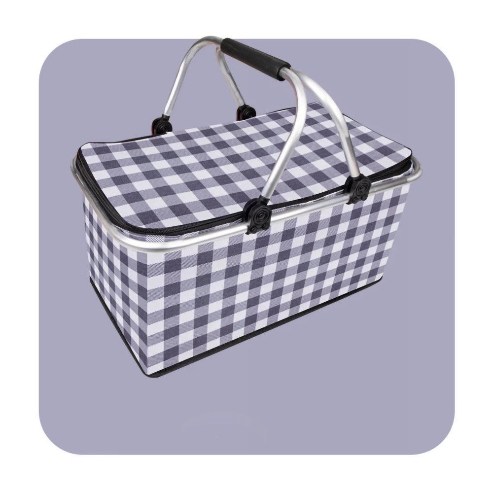 Insulated Basket Portable Folding Thermal Insulation and Cold Preservation Picnic Basket for Outing Family Grey Plaid General Style