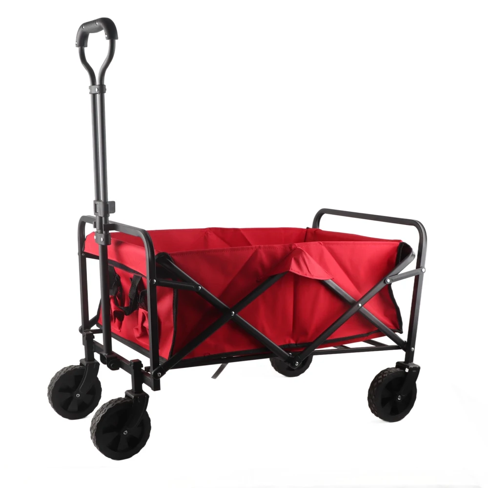 Four Wheel Folding Camping Cart Portable Oxford Cloth Outdoors Picnic Trolley for Fishing Red