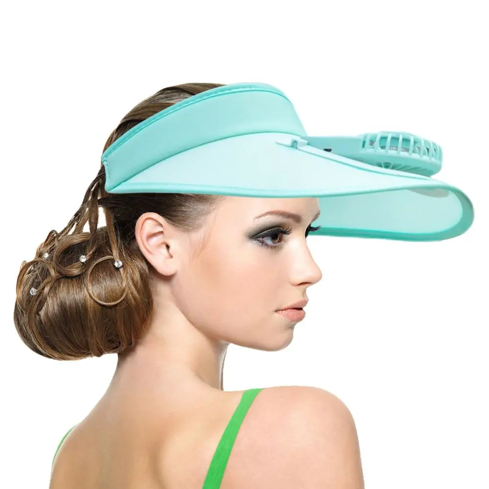 Sun Visor Hat with Fan Sun Protection Empty Top Visors Rechargeable Fan with Adjustable Speeds for Kids Adults Sky Blue