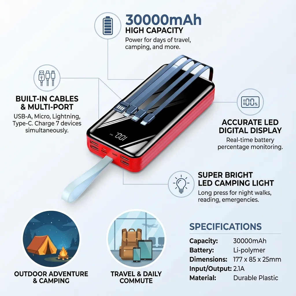BuyWeek 30000mAh Power Bank Portable Charger Universal Compact Fast Charging External Battery Pack with Cable LED Light for Outdoor Camping