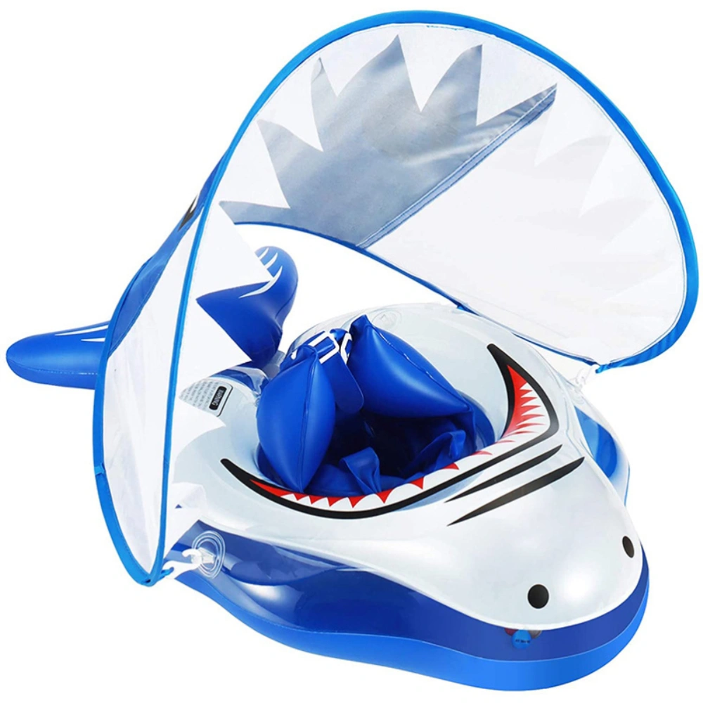 Baby Inflatable Pool Float Cartoon Shark Baby Swim Float with Removable Sun Protection Canopy Safty Seat Straps for Infant Baby