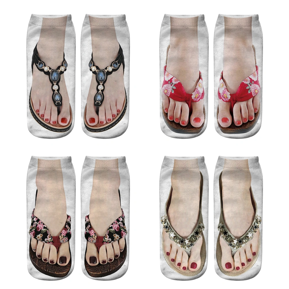 4 Pairs Funny Flip Flop Manicure Print Socks 3D Pattern Socks Sandal Printed Socks Low Cut Ankle Socks Running Yoga Socks