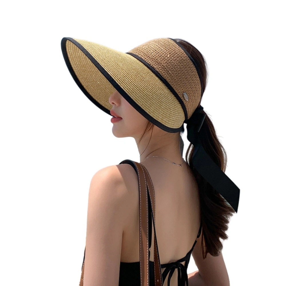 Foldable Straw Sun Visors for Women Sun Protection Wide Brim Bowknot Sun Hat Empty Top Breathable Summer Beach Hat