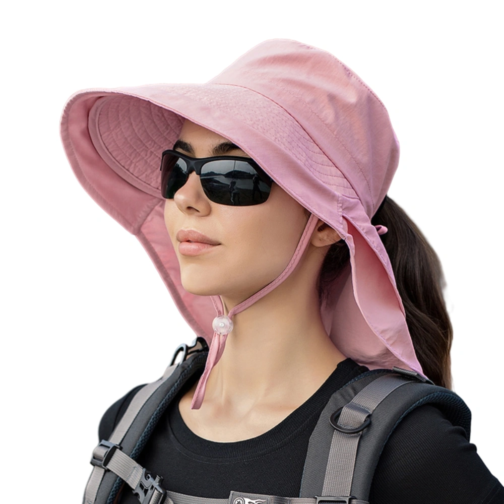 Women Sun Hat with Neck Flap Wide Brim UV Protection Bucket Hat with Ponytail Hole Chin Strap for Summer Outdoor Mountaineering Cycling