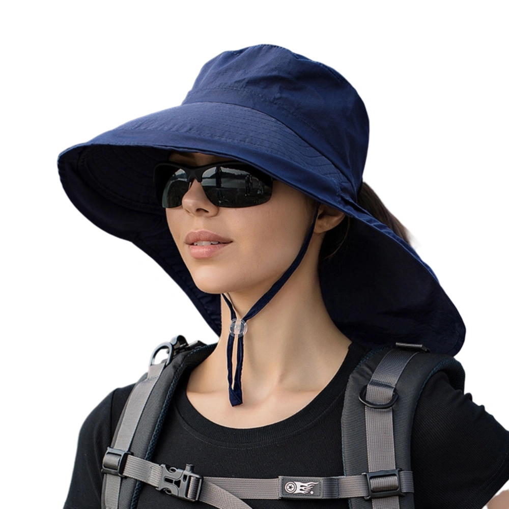 Women Sun Hat with Neck Flap Wide Brim UV Protection Bucket Hat with Ponytail Hole Chin Strap for Summer Outdoor Mountaineering Cycling