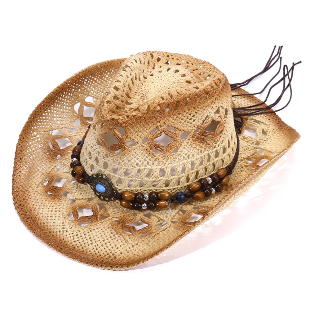 Straw Cowboy Cowgirl Hat for Men Women Wide Brim Hollow Breathable Sun Hat with Beaded Trim Band Western Style for Outdoor Beach Travel