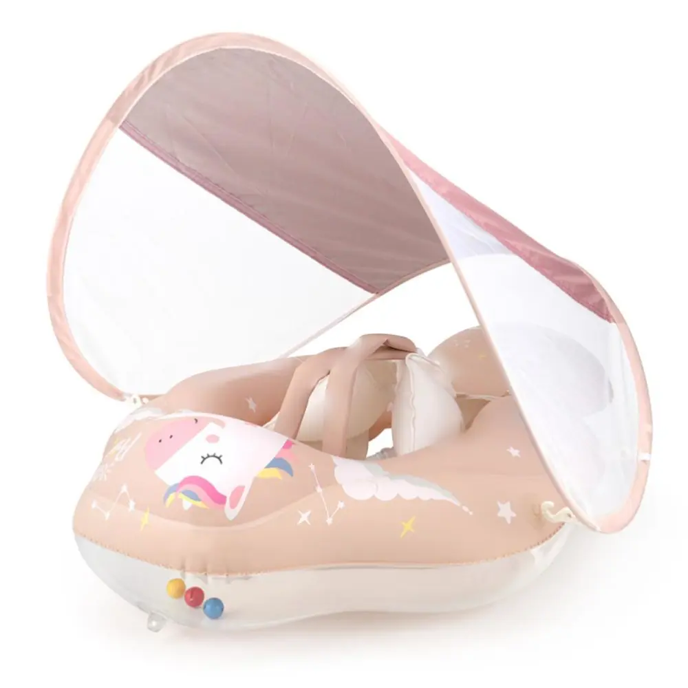 Baby Swimming Float Cartoon Pony Inflatable Baby Pool Float Ring with Removable Sun Protection Canopy Strap for Infant Baby