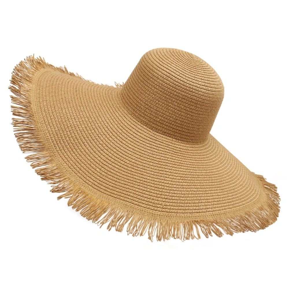 BuyWeek Womens Straw Sun Hat Big Brim Frayed Braided Beach Hat with Lanyard Summer Hat for Outdoors