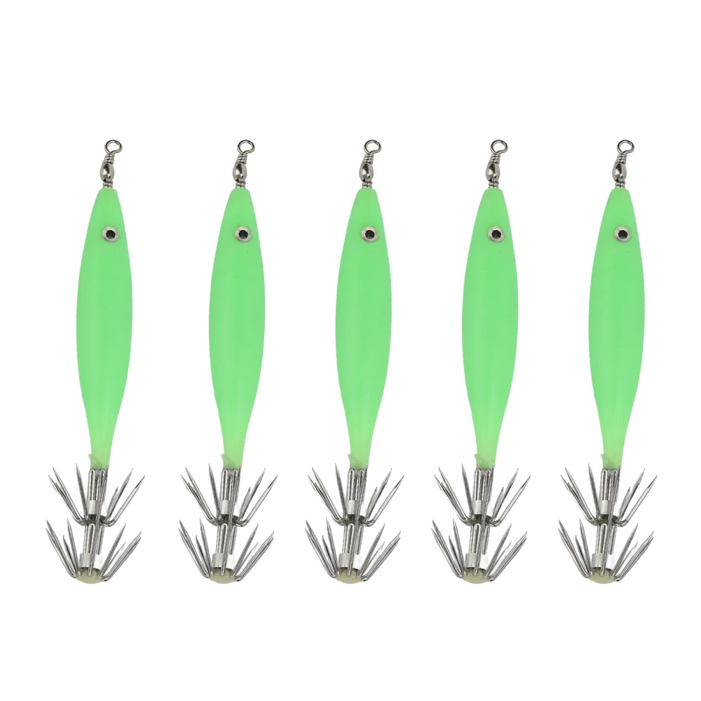 BuyWeek 5Pcs 8cm Fishing Lure with Hook Cuttlefish Jig Wood Shrimp Bait for Outdoor Saltwater Freshwater Luminous Green