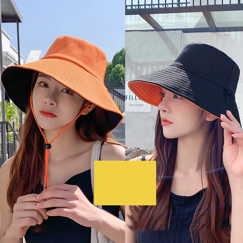 Summer Sun Hat Polyester Fishing Hiking Hat with Wide Brim Windproof Rope for Outdoor Activities(Black Orange Free Size)