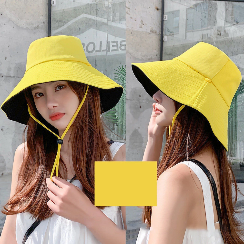 Summer Sun Hat Polyester Fishing Hiking Hat with Wide Brim Windproof Rope for Outdoor Activities(Black Yellow Free Size)