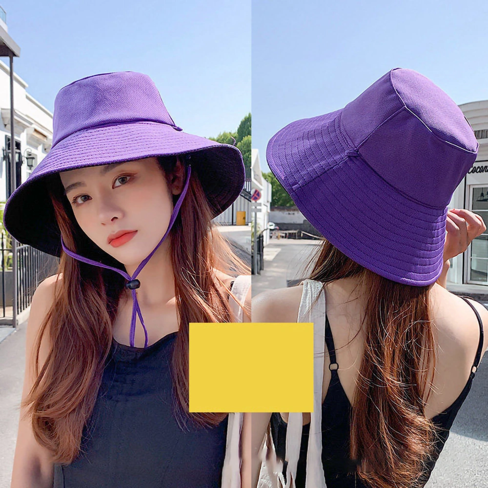 Summer Sun Hat Polyester Fishing Hiking Hat with Wide Brim Windproof Rope for Outdoor Activities(Black Purple Free Size)