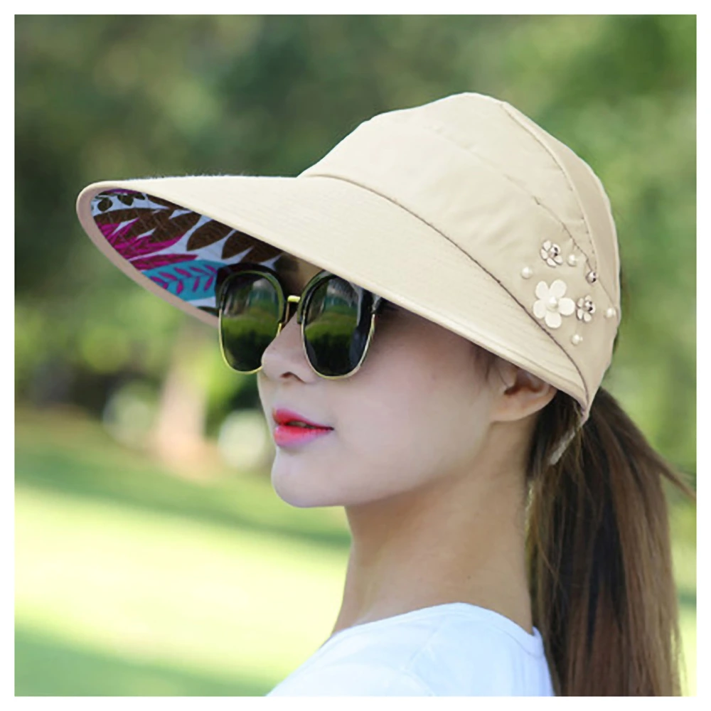 Sun Visor Hat Large Brim Summer UV Protection Cotton Foldable Lightweight Beach Cap for Women Beige