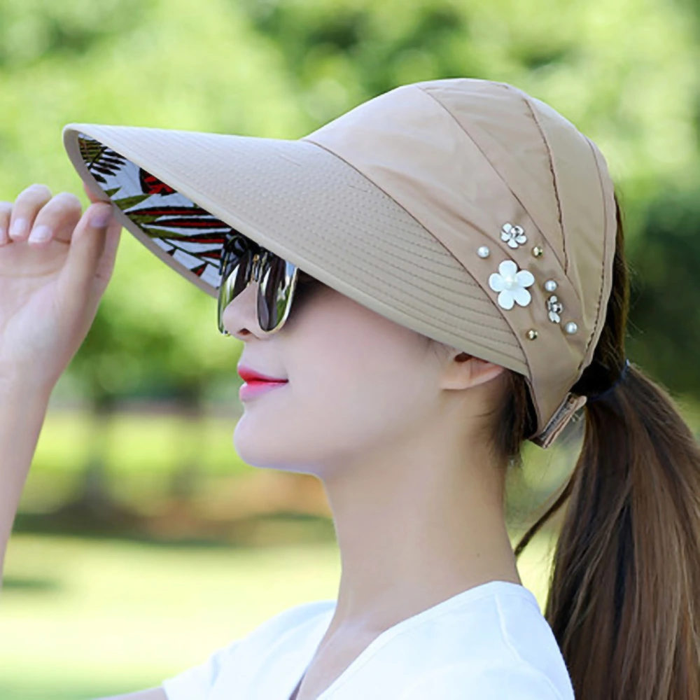 Sun Visor Hat Large Brim Summer UV Protection Cotton Foldable Lightweight Beach Cap for Women Khaki