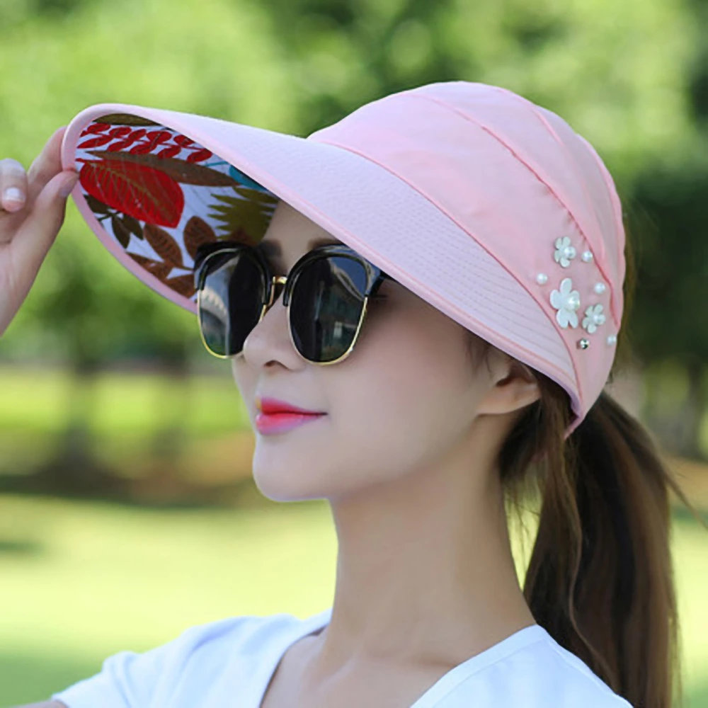 BuyWeek Sun Visor Hat Large Brim Summer UV Protection Cotton Foldable Lightweight Beach Cap for Women Pink