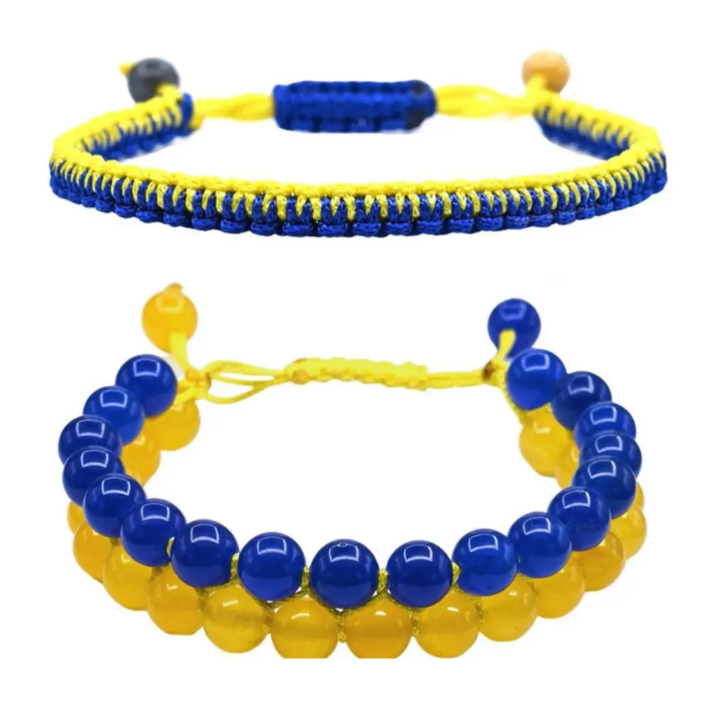 2Pcs Ukraine Bracelet with Natural Crystal Beads Adjustable Handmade Braided Blue Yellow Ukrainian Flag Jewelry for Yoga Meditation