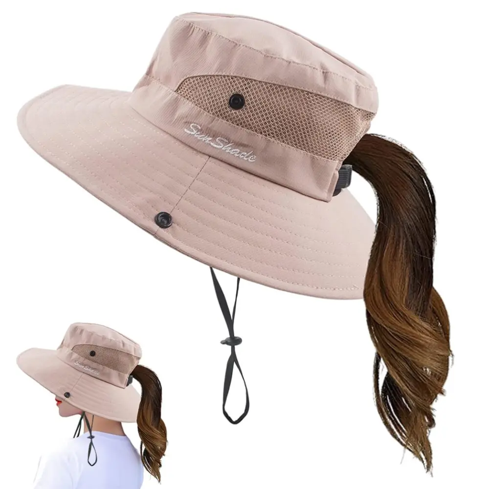 Wide Brim Bucket Hat Women Ponytail Sun Hat Summer UV Protection Foldable Couple Hat for Outdoor Mountaineering Fishing Travel