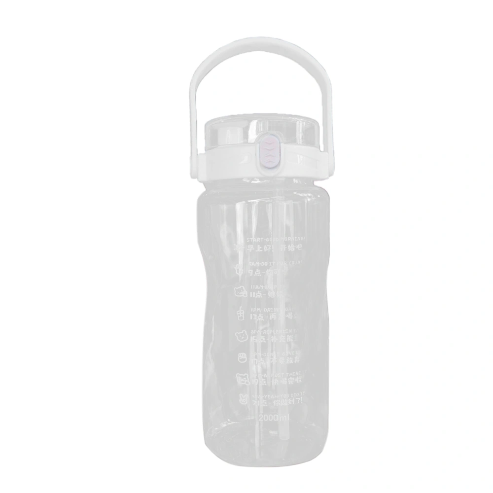 Outdoor Sports Water Bottle Plastic Fitness Water Bottle Extra Large Capacity Kettle with Double Straws Time MarkerWhite 2000ML