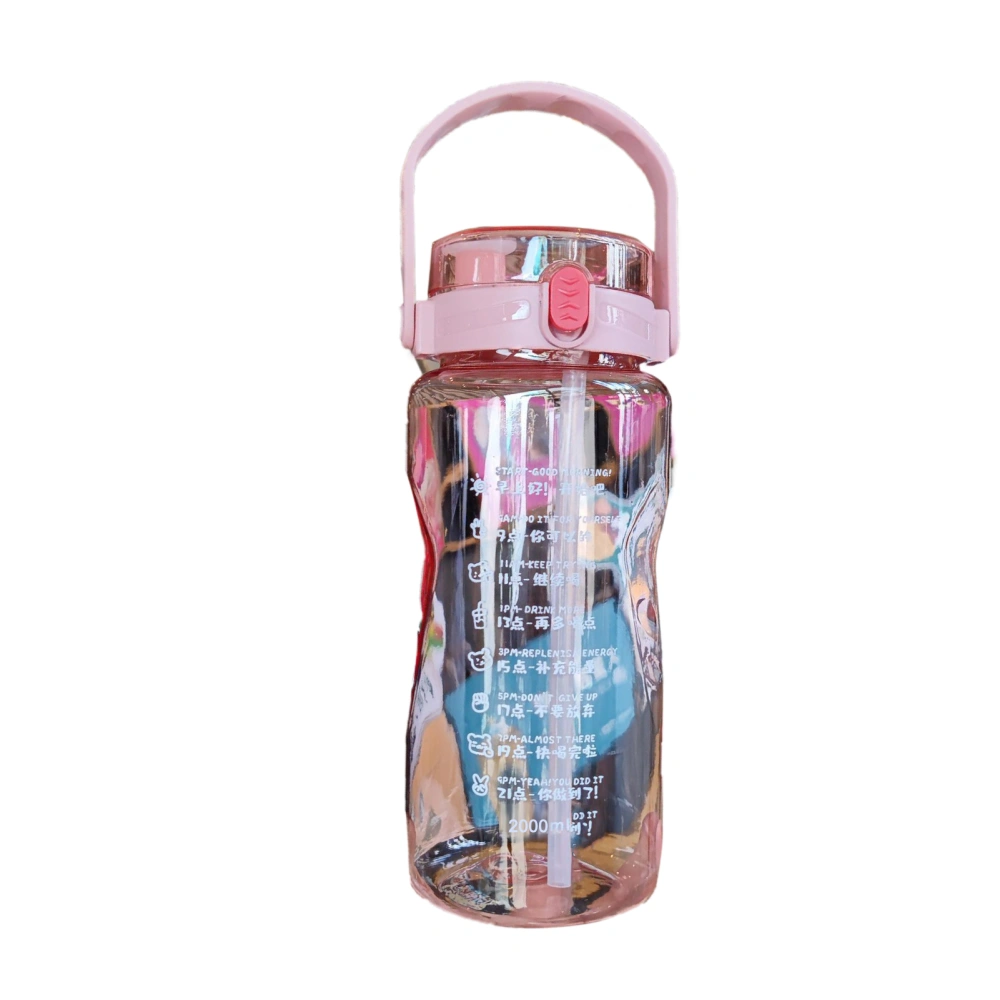 Outdoor Sports Water Bottle Plastic Fitness Water Bottle Extra Large Capacity Kettle with Double Straws Time MarkerPink 2000ML