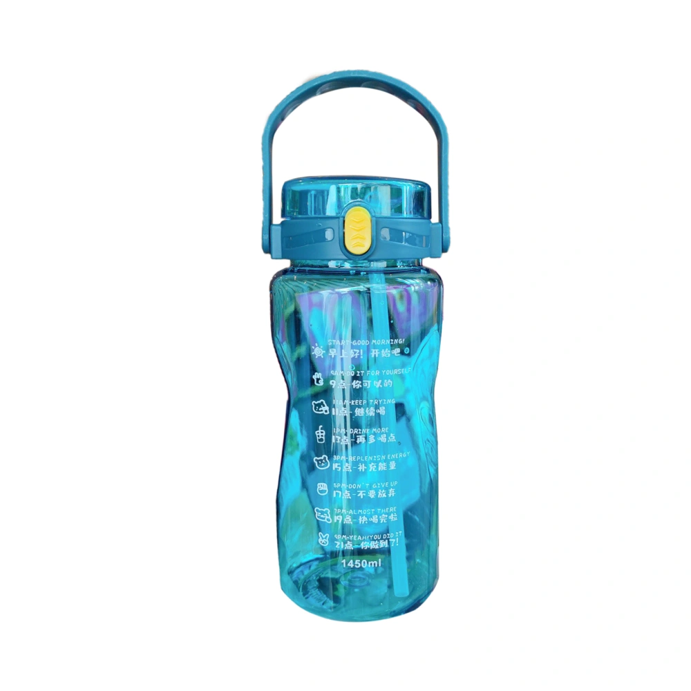 Outdoor Sports Water Bottle Plastic Fitness Water Bottle Extra Large Capacity Kettle with Double Straws Time MarkerBlue 1450ML