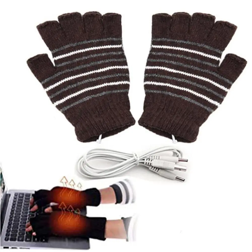 BuyWeek USB Heated Gloves Mitten for Men Women Striped Knit Fingerless Gloves Winter Hands Warmer Laptop Gloves for Adults